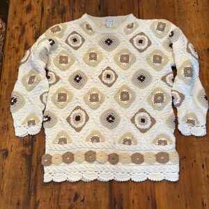 Vintage Afghan Granny Square Pattern Sweater Neutral Cottagecore Sz L